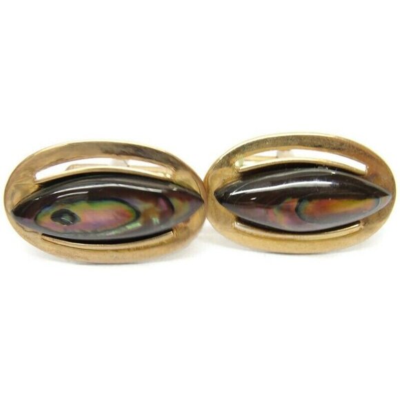 Vintage Cufflinks Round Gold Plated Abalone With Tie Tack And Tie Clip - Picture 13 of 14